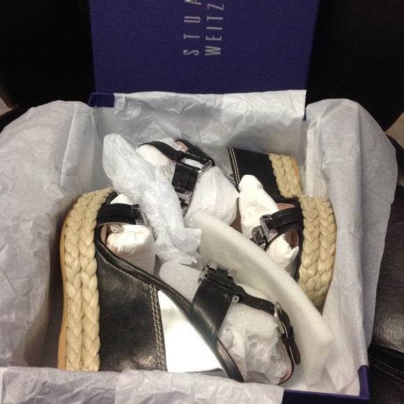 Stuart Weitzman Black Stepchain Leather Wedge Sand - Picture 5 of 6